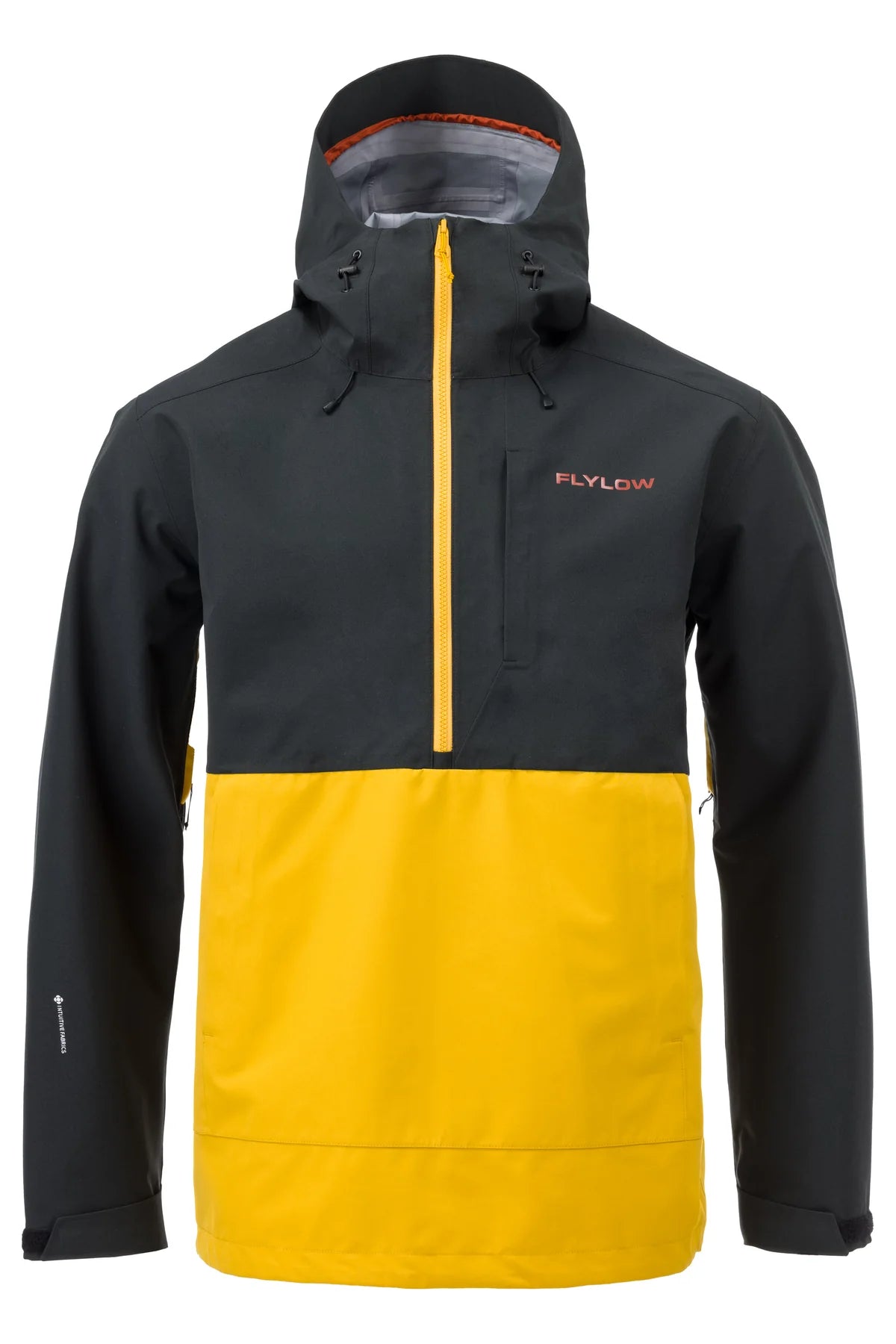 Flylow Knight Anorak Jacket - A black jacket with a yellow zipper and a small pocket on the chest.