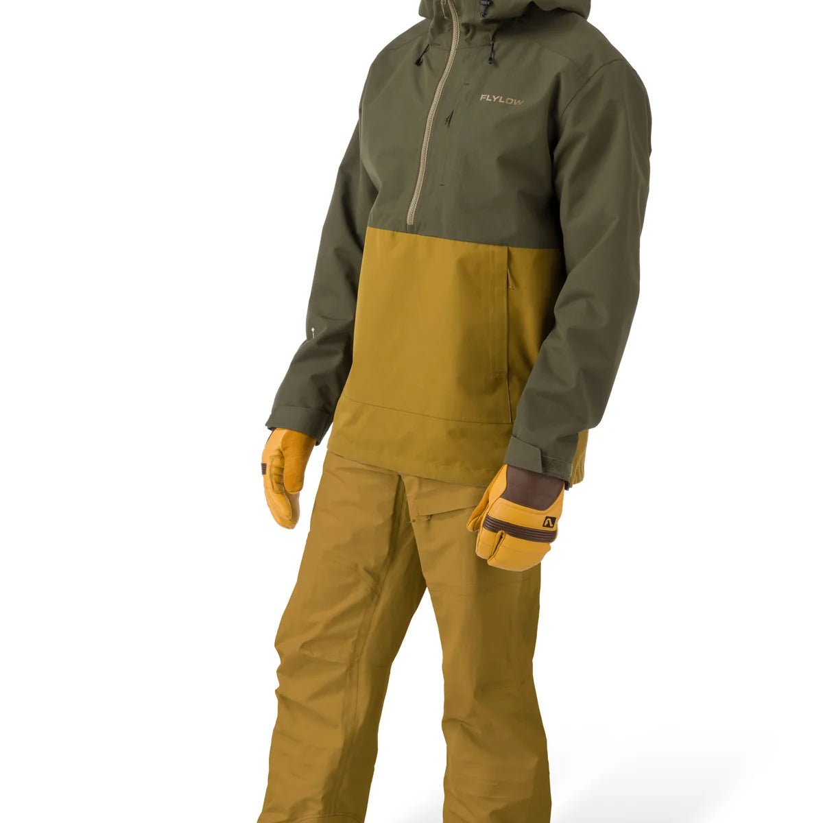 Flylow Knight Anorak Jacket 2025 - A dark green jacket with a hood and zippered pockets, featuring a prominent "FLYLOW" logo on the chest in lighter green.