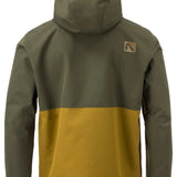 Flylow Knight Anorak Jacket - A dark green jacket with a black zipper and two zippered pockets on the front, featuring a hood and a drawstring at the waist.