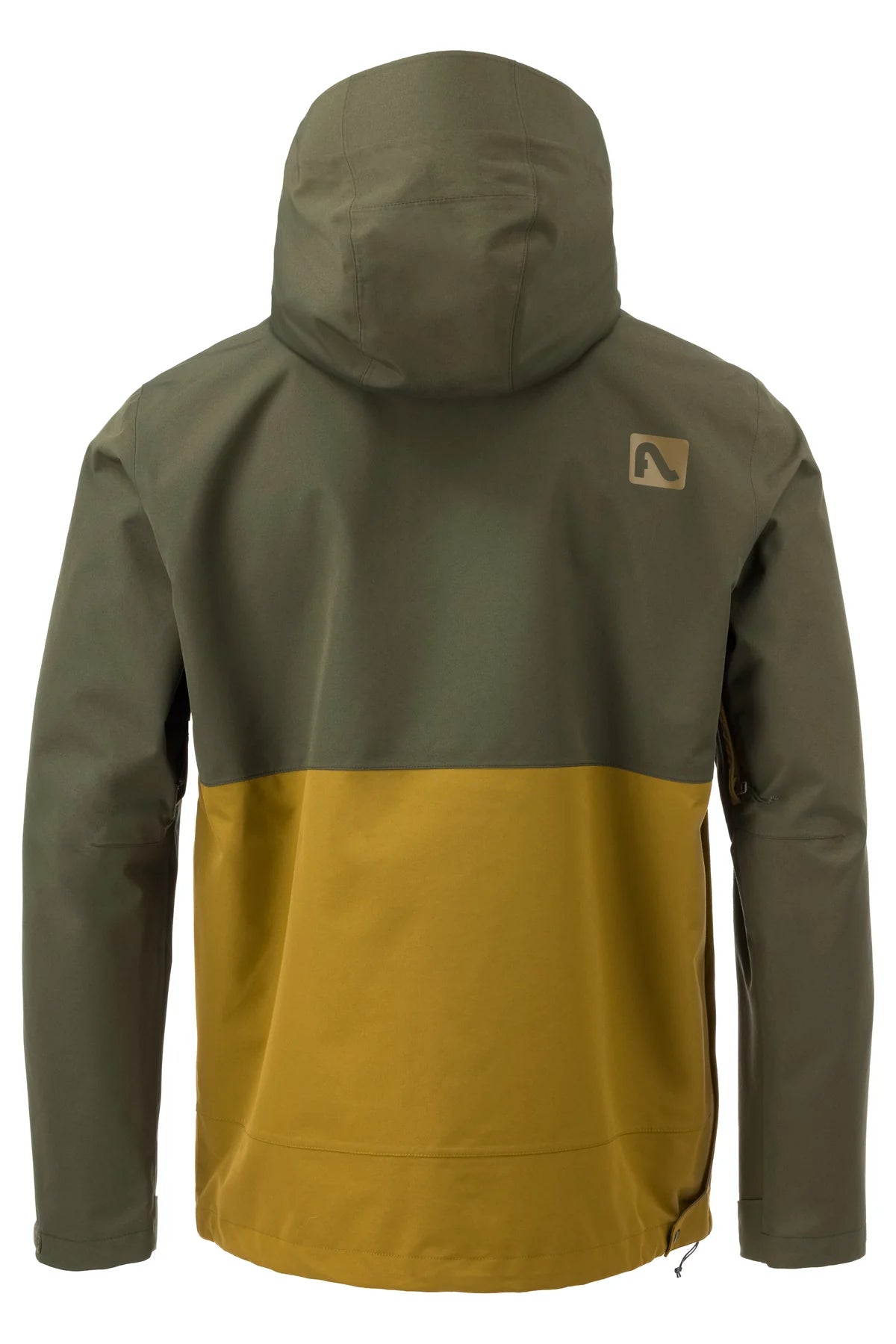 Flylow Knight Anorak Jacket - A dark green jacket with a black zipper and two zippered pockets on the front, featuring a hood and a drawstring at the waist.