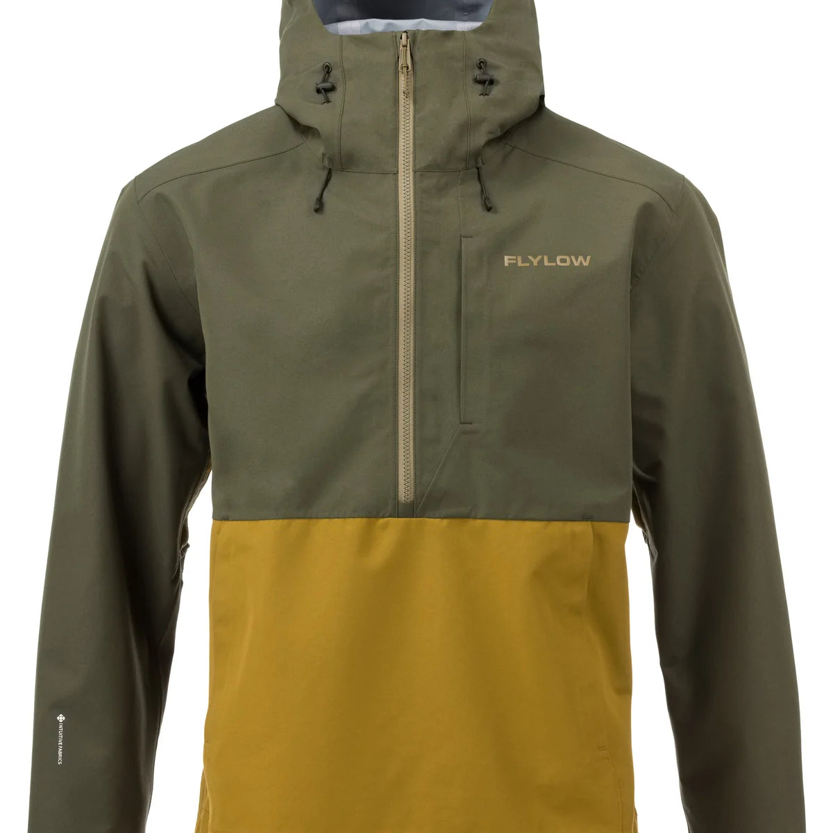 Flylow Knight Anorak Jacket 2025 - A dark green jacket with a hood and zip closure, featuring a small logo on the left chest area.