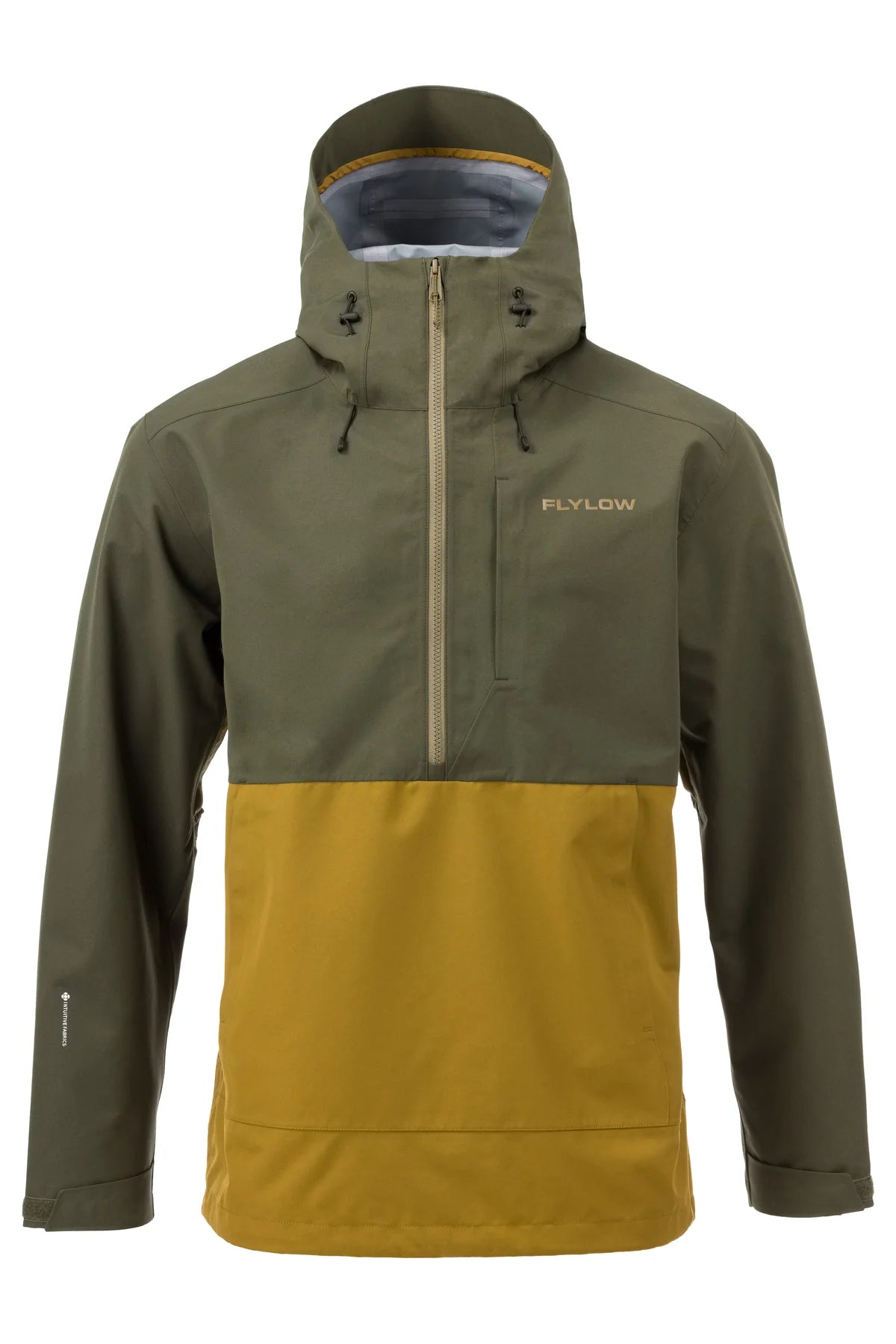 Flylow Knight Anorak Jacket 2025 - A dark green jacket with a hood and zip closure, featuring a small logo on the left chest area.