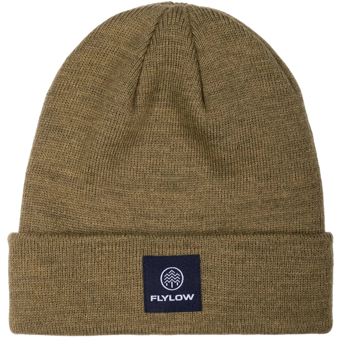 Flylow Longshoreman Beanie 2025 - A tan beanie with a black patch featuring a white logo and the word "FLYLOW" in white letters.
