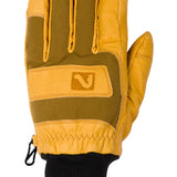 Flylow Magarac Glove 2025 - A tan glove with a brown leather palm and thumb, featuring a distinctive "FLYLOW" logo on the wrist strap.