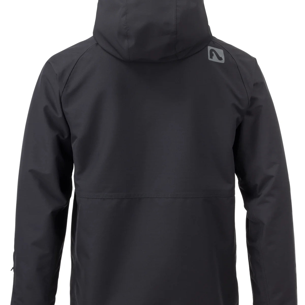 Flylow Patrol Jacket 2025 - A black jacket with a hood, featuring a small white logo on the upper right shoulder.