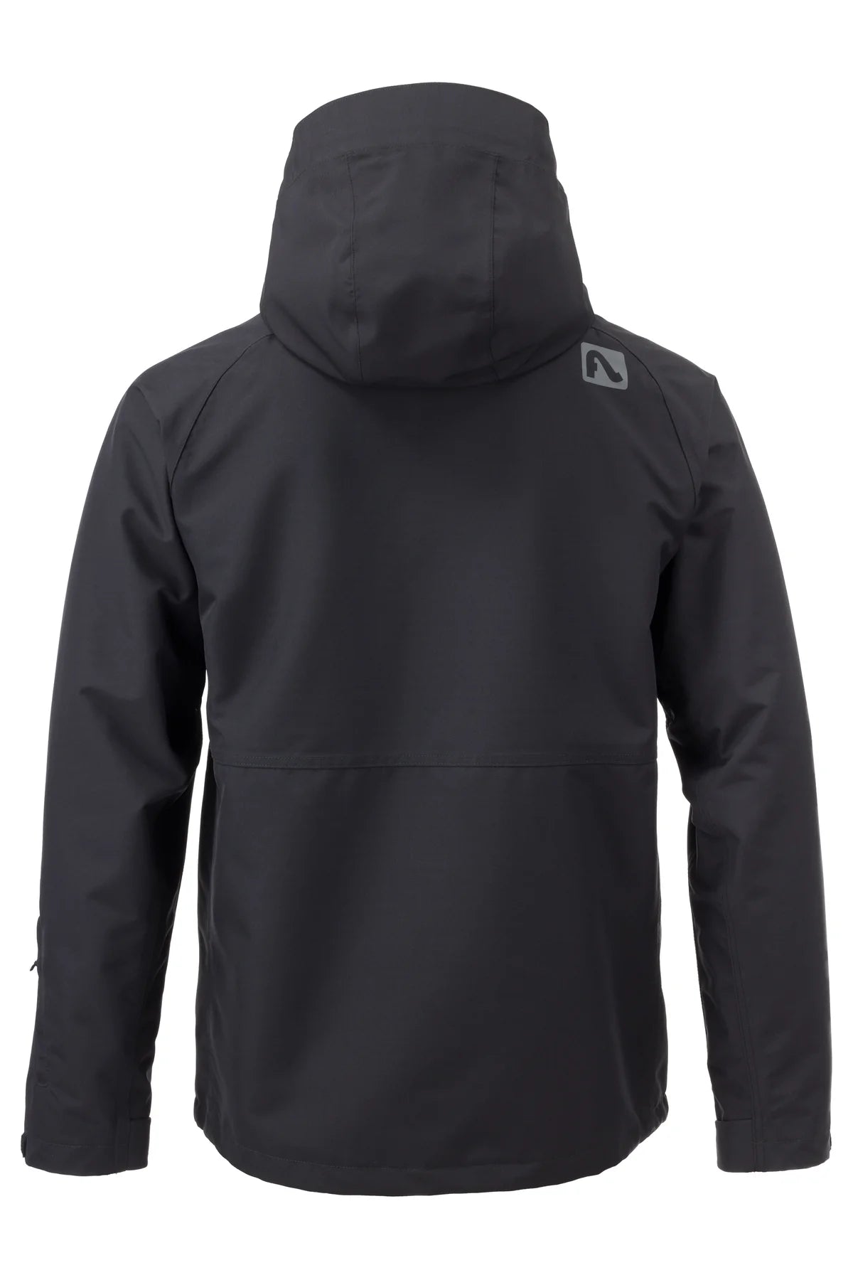 Flylow Patrol Jacket 2025 - A black jacket with a hood, featuring a small white logo on the upper right shoulder.