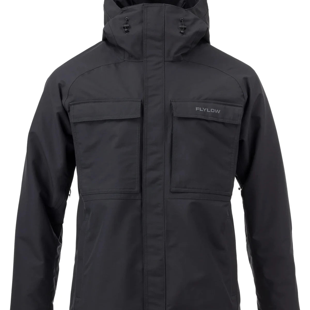 Flylow Patrol Jacket - A black jacket with a hood, featuring two zippered chest pockets and one zippered pocket on the left sleeve.