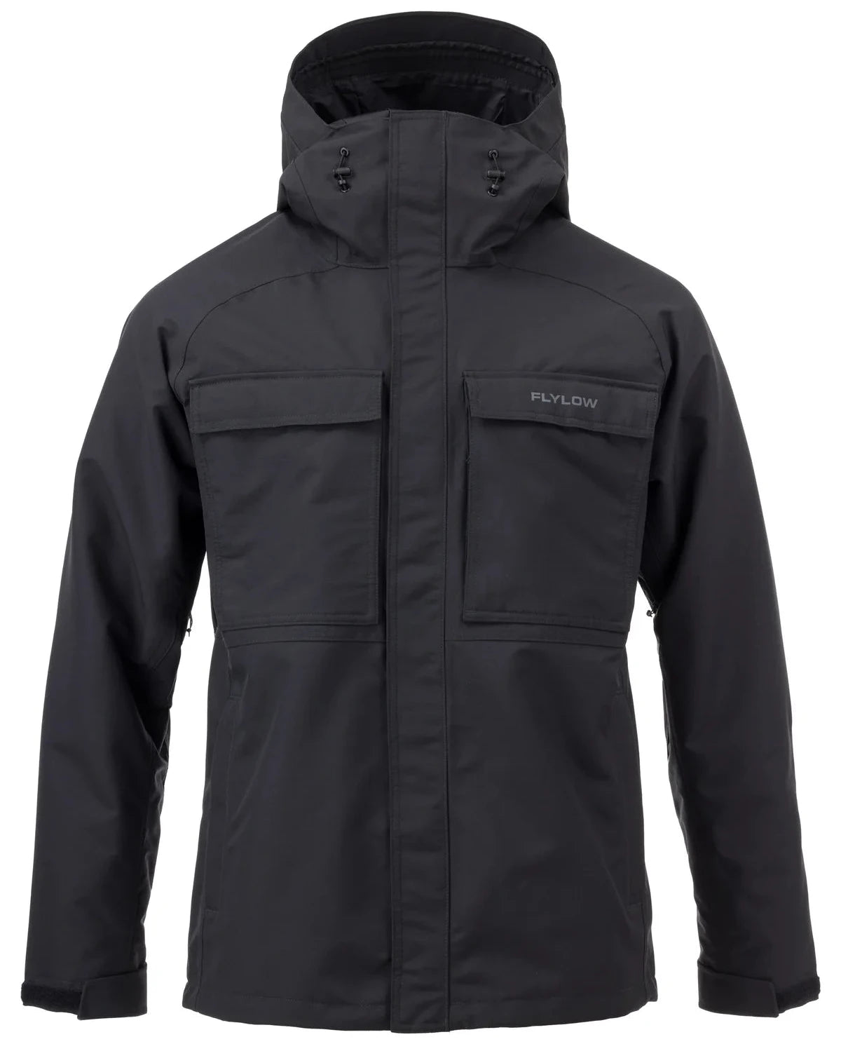 Flylow Patrol Jacket - A black jacket with a hood, featuring two zippered chest pockets and one zippered pocket on the left sleeve.