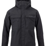 Flylow Patrol Jacket - A black jacket with a hood, featuring two zippered chest pockets and one zippered pocket on the left sleeve.