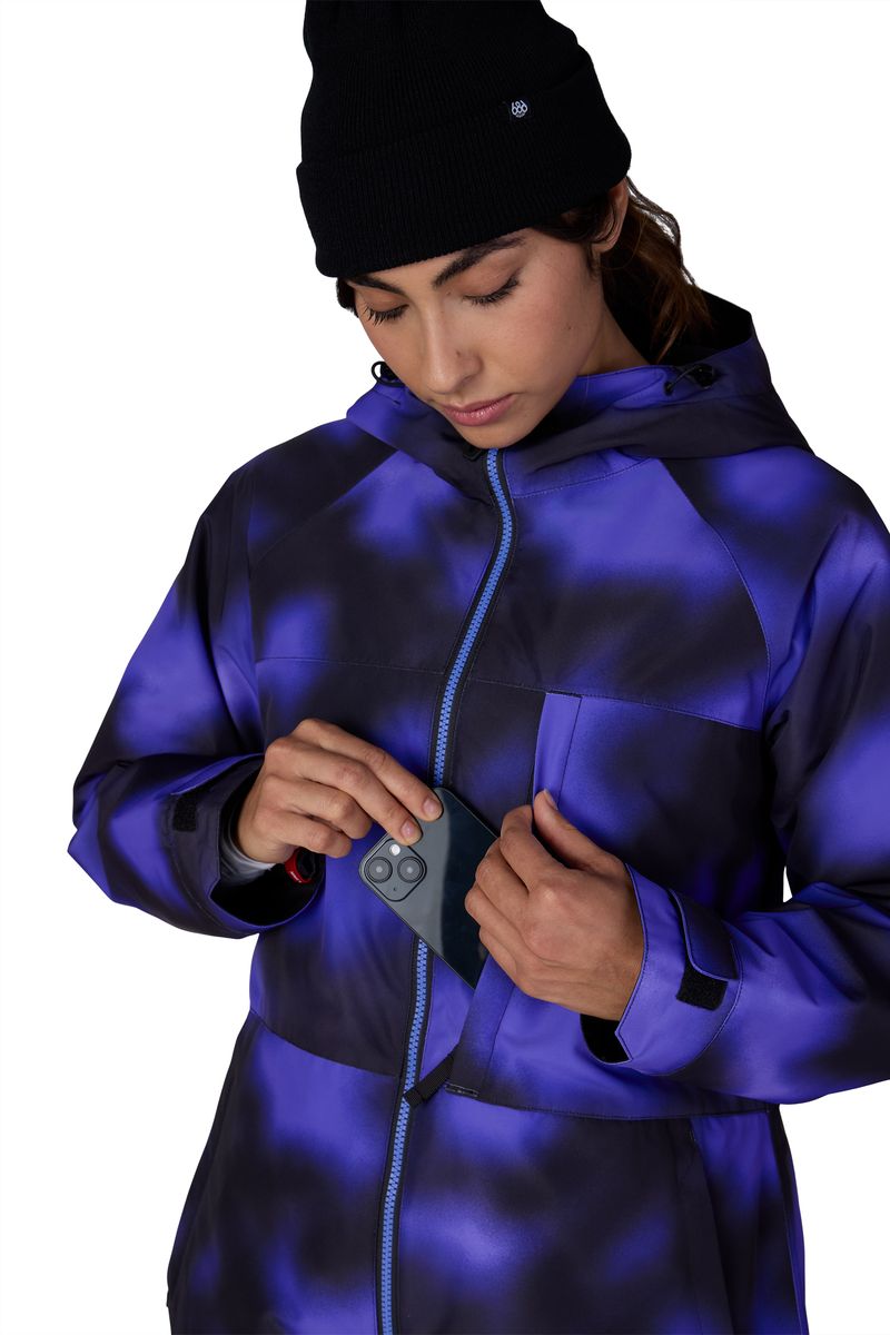 Women's insulated ski jacket, purple-blue cloud pattern, front full-zip with zipper pull
