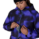 Women's insulated ski jacket, purple-blue cloud pattern, front full-zip with zipper pull