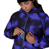 Women's insulated ski jacket, purple-blue cloud pattern, front full-zip with zipper pull