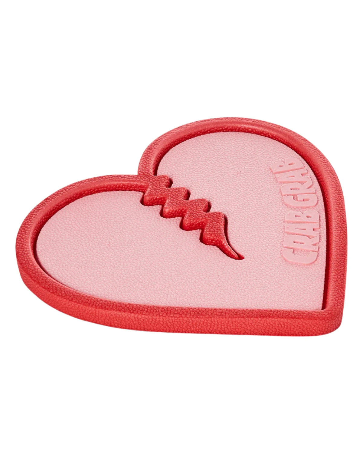 Crab Grab Mega Heart Stomp Pad 2025 - A pink heart-shaped pad with a stitched design and "CRAB GRAB" logo in white on the right side.