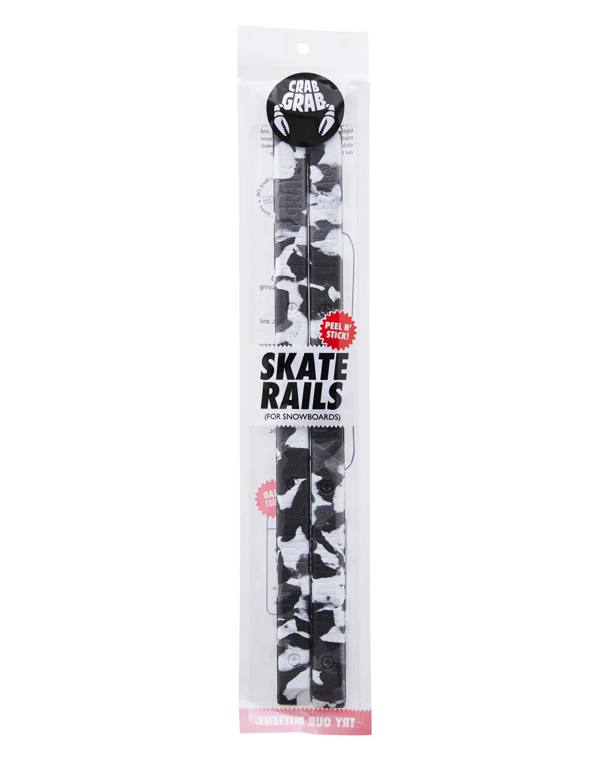 Crab Grab Skate Rails - 2025 snowboard with black, white, and grey abstract geometric pattern on top and sides.
