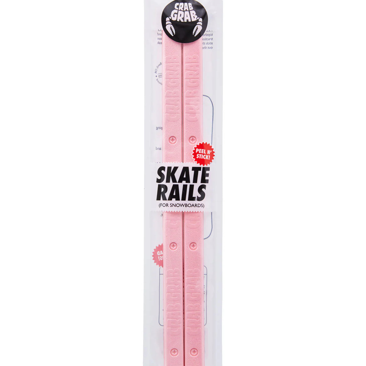 Crab Grab Skate Rails - 2025 pink snowboard bindings with white lettering on top strap and black lettering on bottom strap.