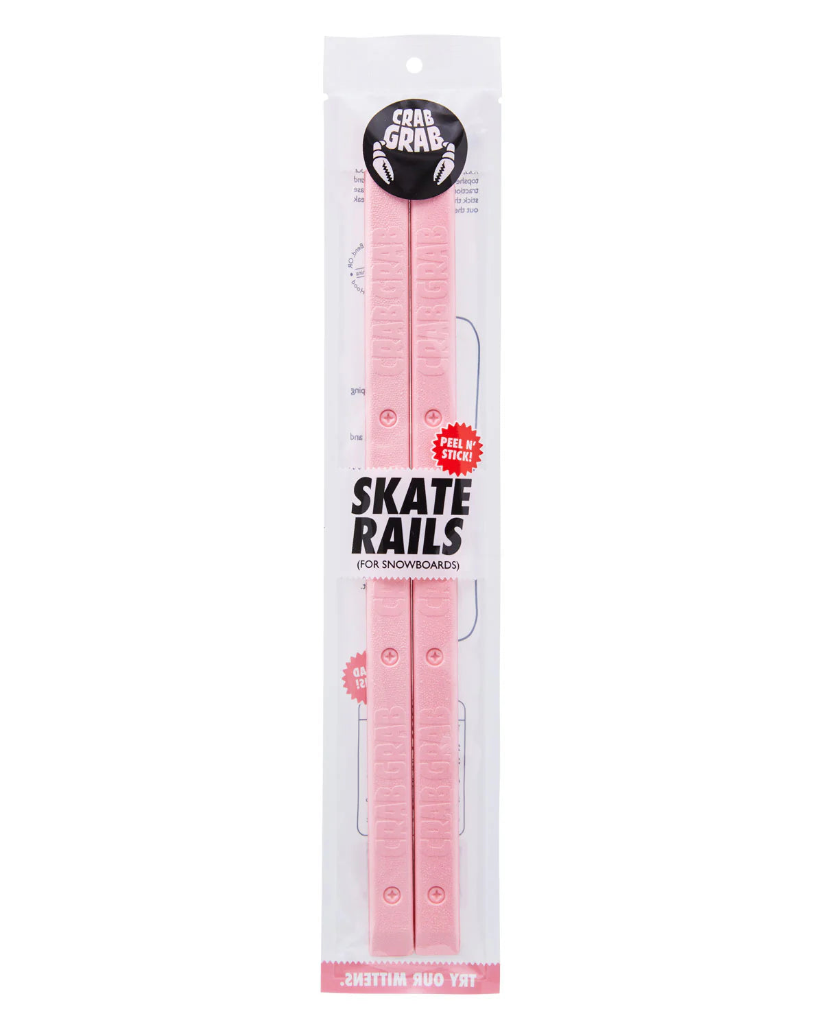 Crab Grab Skate Rails - 2025 pink snowboard bindings with white lettering on top strap and black lettering on bottom strap.