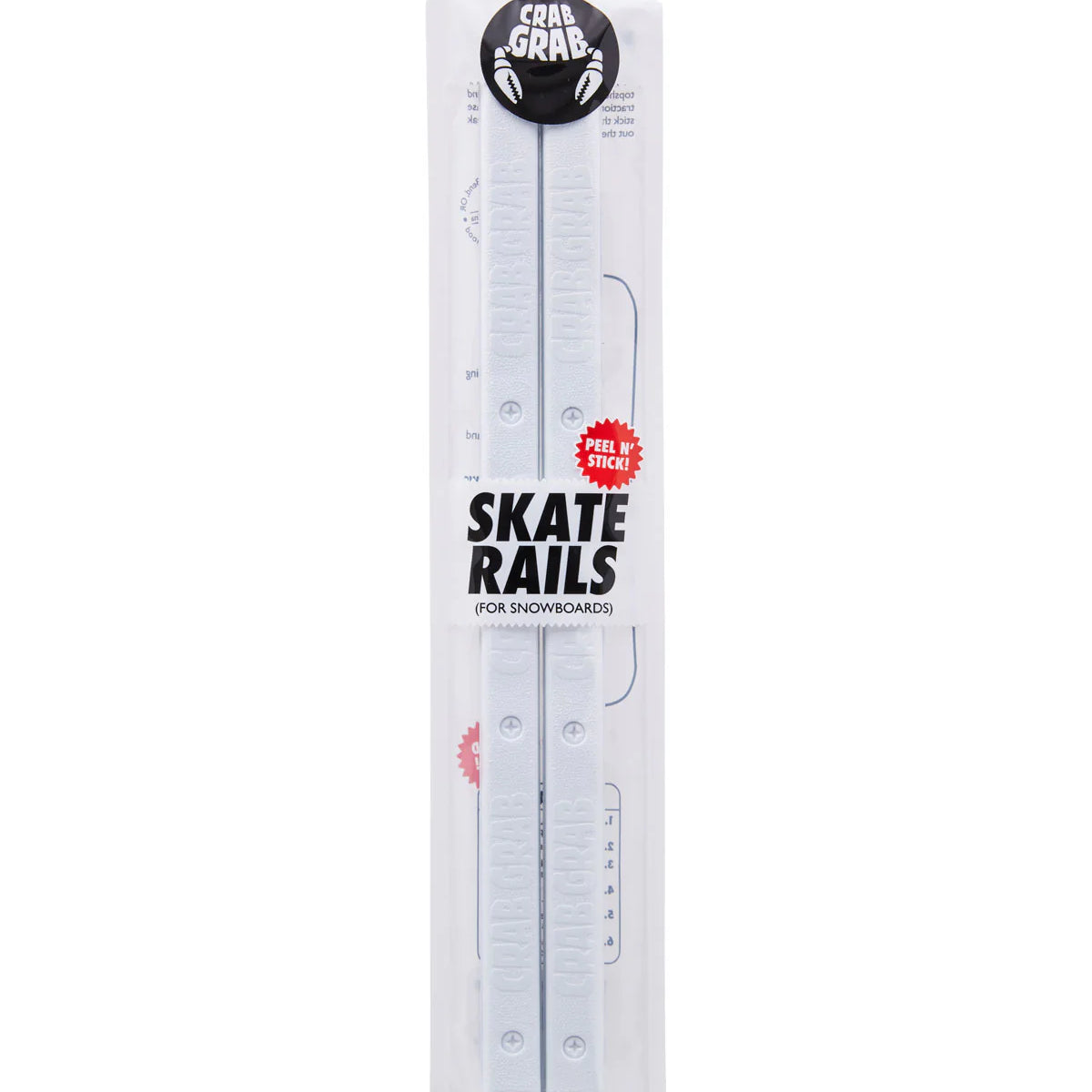 Crab Grab Skate Rails - White skate rails with a textured surface, featuring a black circular logo at the top with white lettering that reads "CRAB GRAB".
