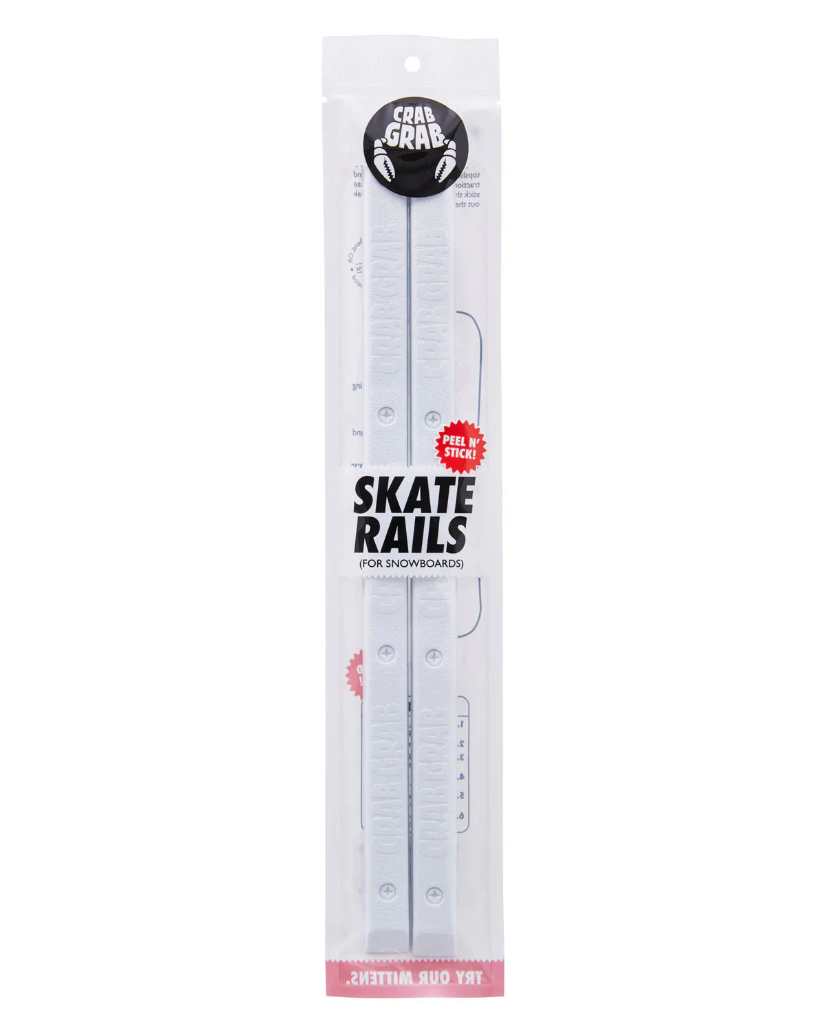 Crab Grab Skate Rails - White skate rails with a textured surface, featuring a black circular logo at the top with white lettering that reads "CRAB GRAB".