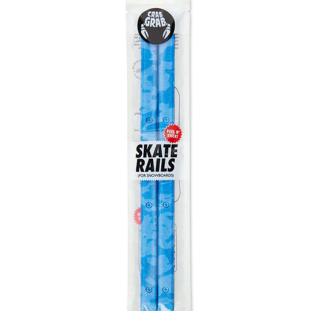 Crab Grab Skate Rails - Blue snowboard rails with a repeating pattern of blue crab silhouettes.