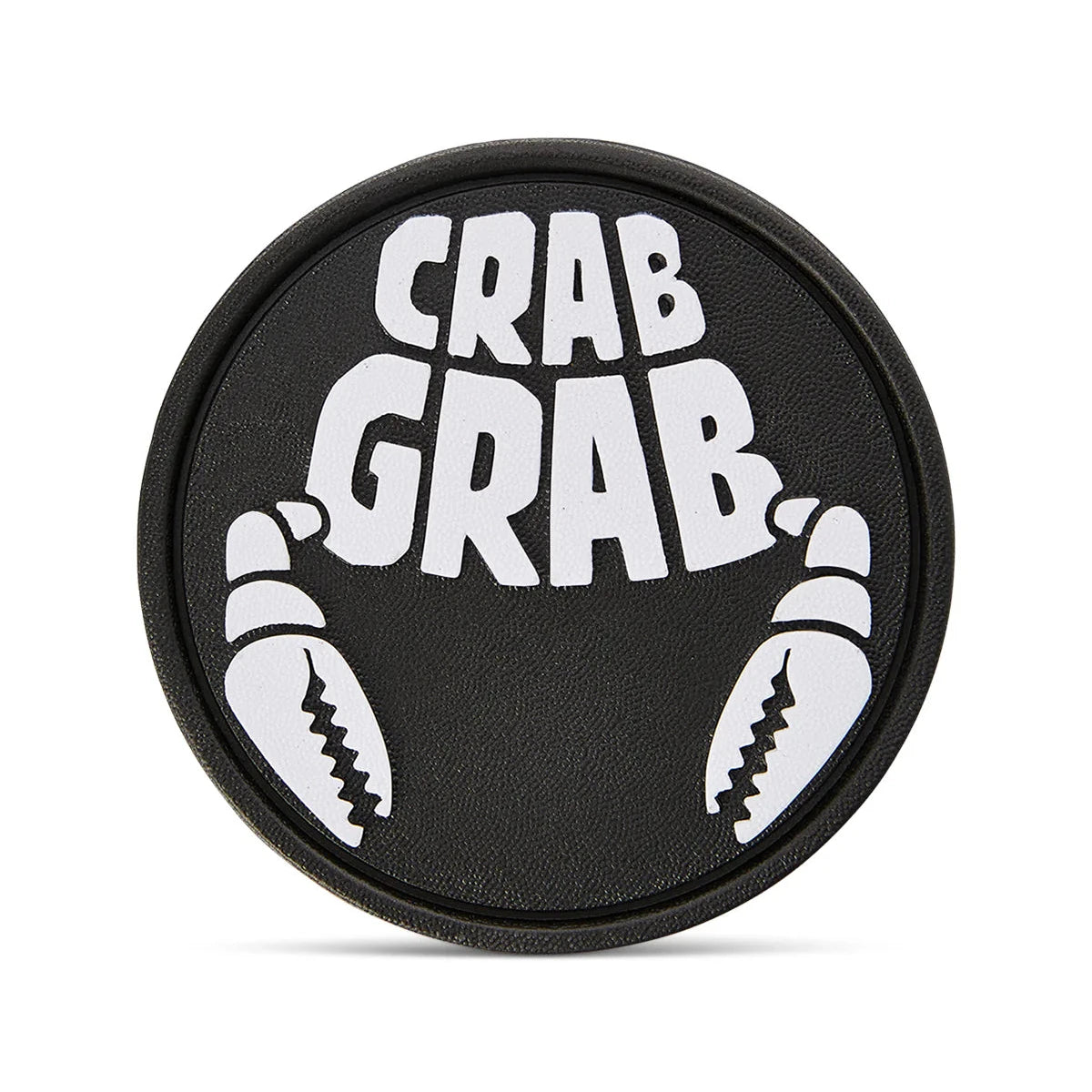 Crab Grab The Logo Stomp Pad 2025 - A round black pad with a white logo featuring the words "CRAB GRAB" in bold block letters, surrounded by two crab claws.