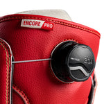 Vans Women's Encore Pro Limited Edition Snowboard Boots 2026 - A pair of red snowboard boots with a white sole and laces, featuring a textured pattern on the side.