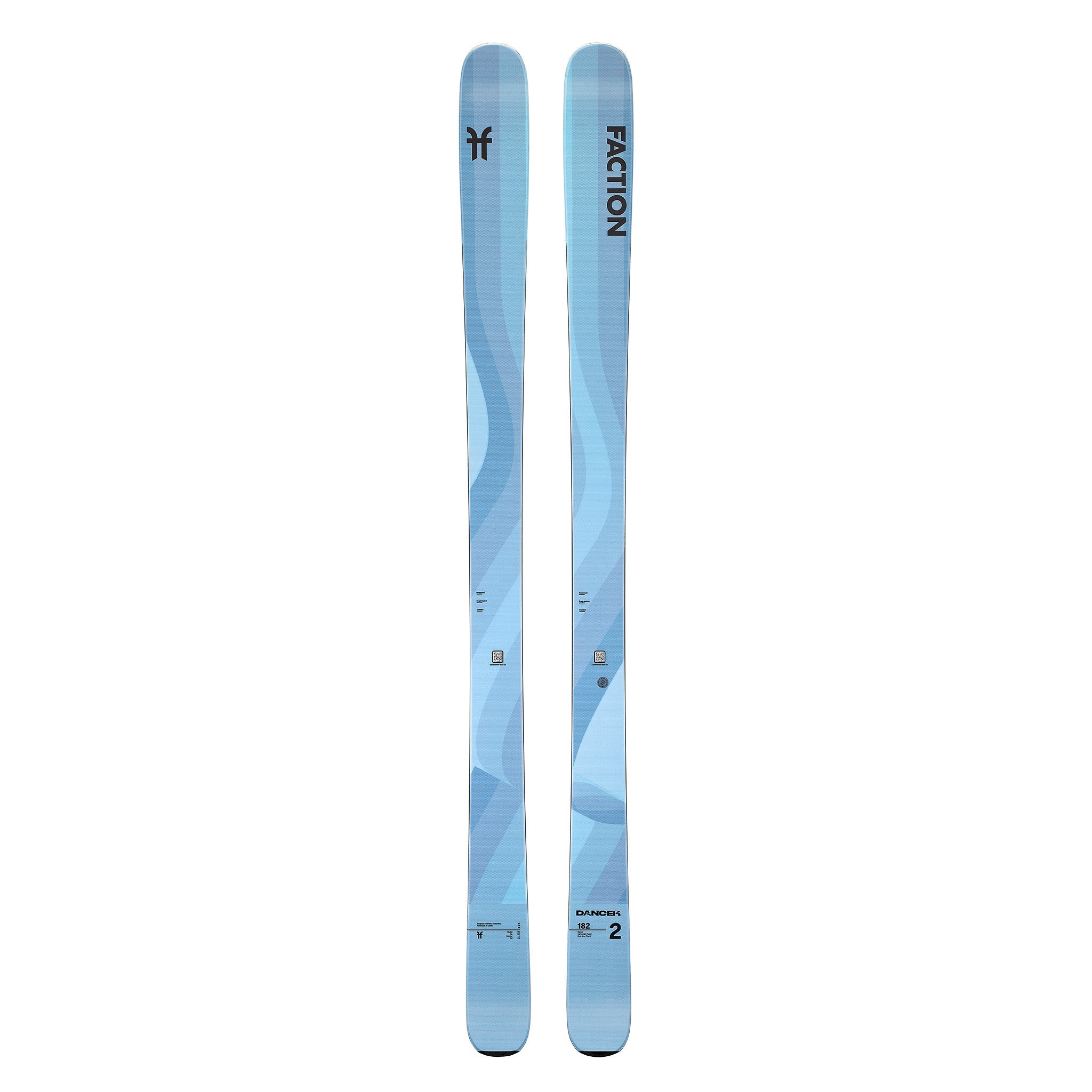Faction Dancer 2 Ski 2026 - A light blue ski with a wavy pattern and black lettering on top.