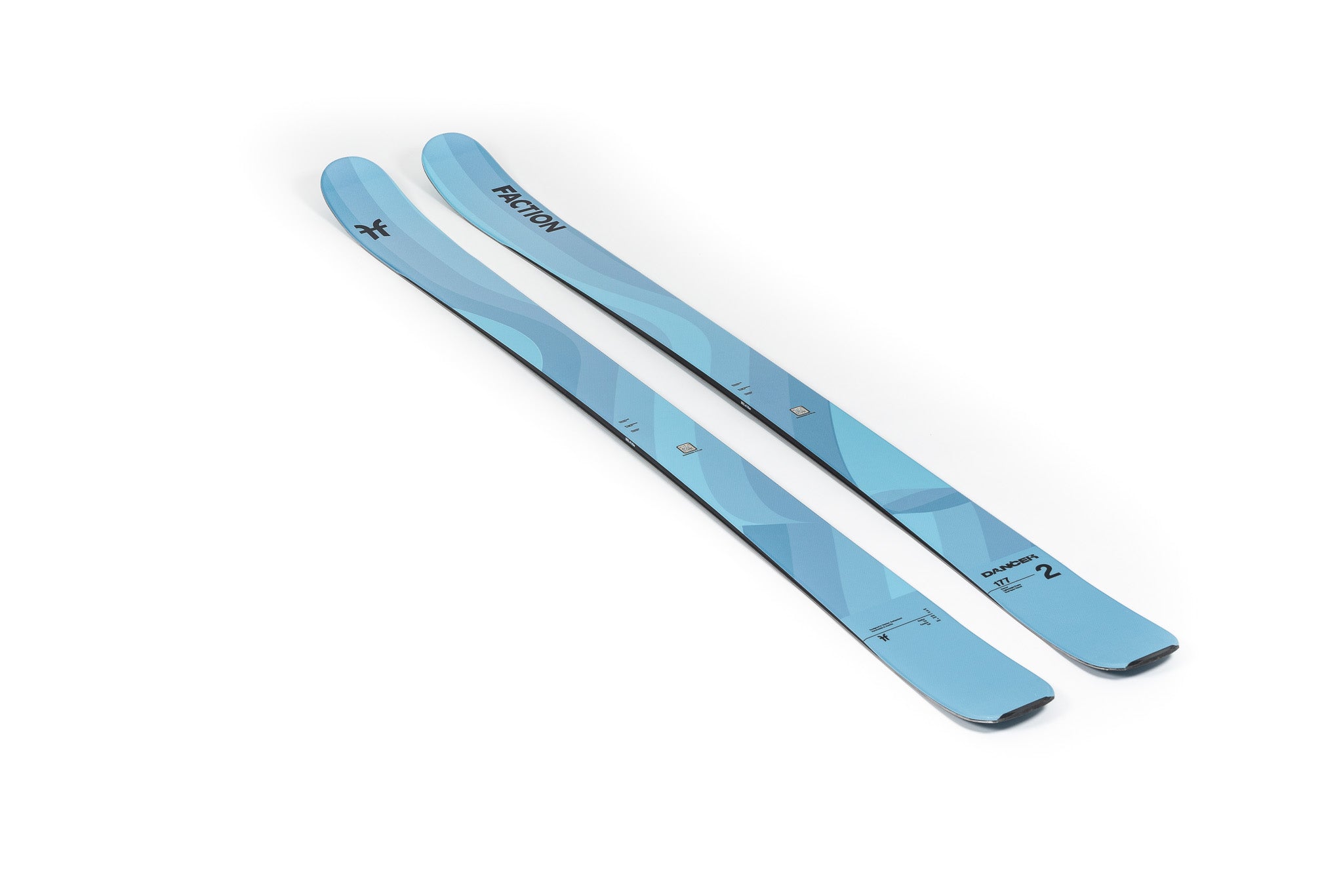 Faction Dancer 2 Ski 2026 - A light blue ski with a geometric pattern and black lettering on top.