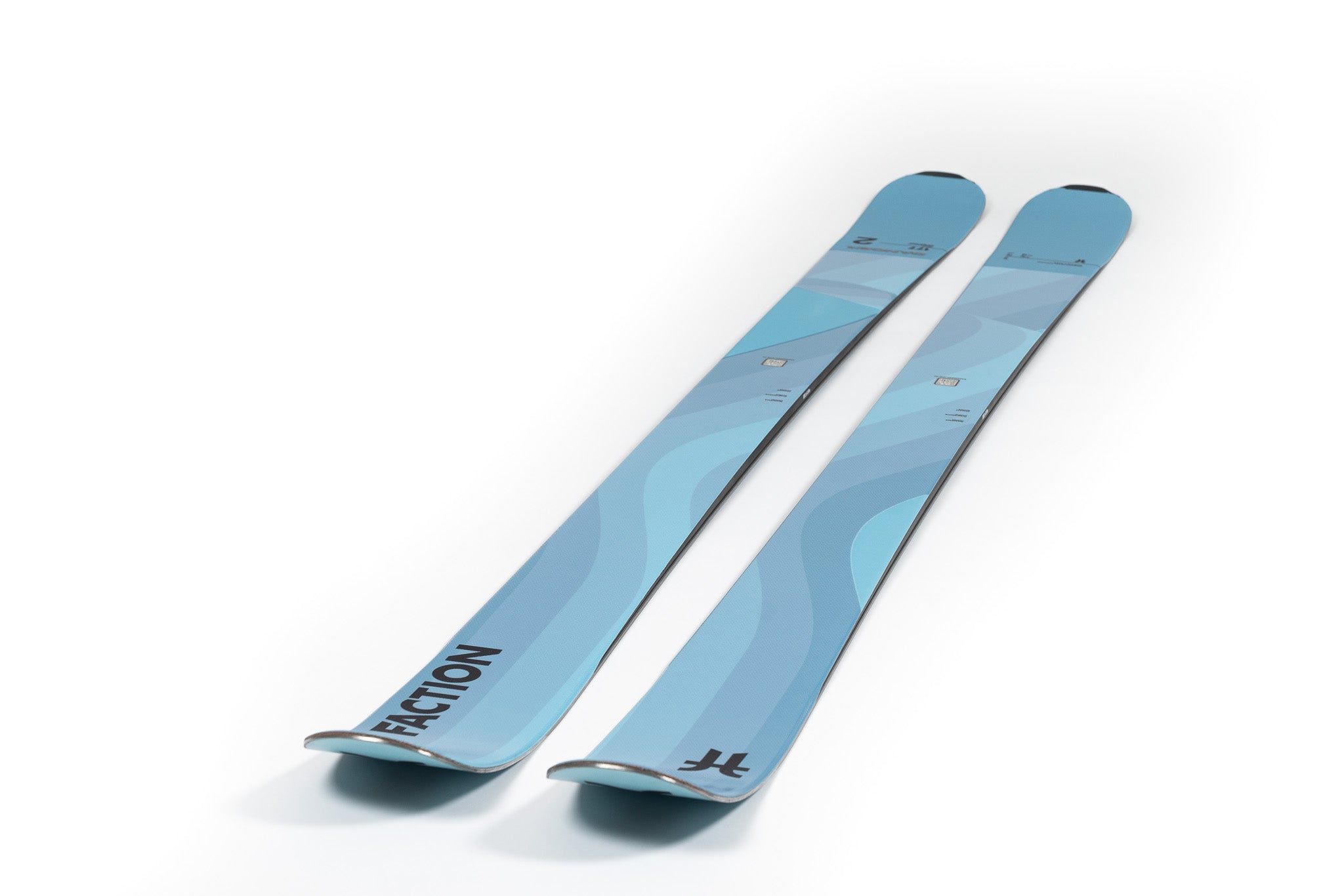 Faction Dancer 2 Ski 2026 - A light blue ski with a darker blue wavy pattern and silver edging.