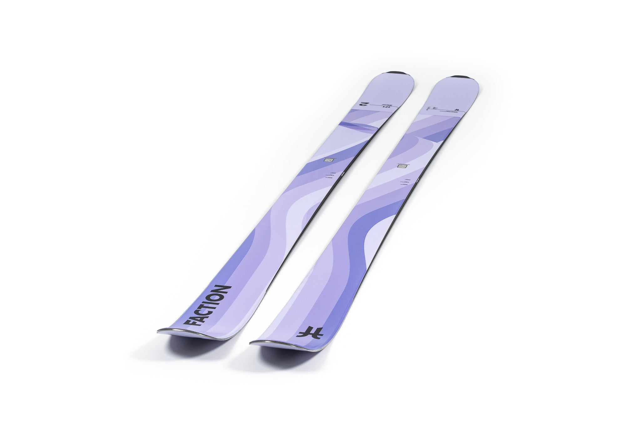 Faction Dancer 2 Ski 2026 - A pair of skis with a light purple base color and darker purple wavy stripes.