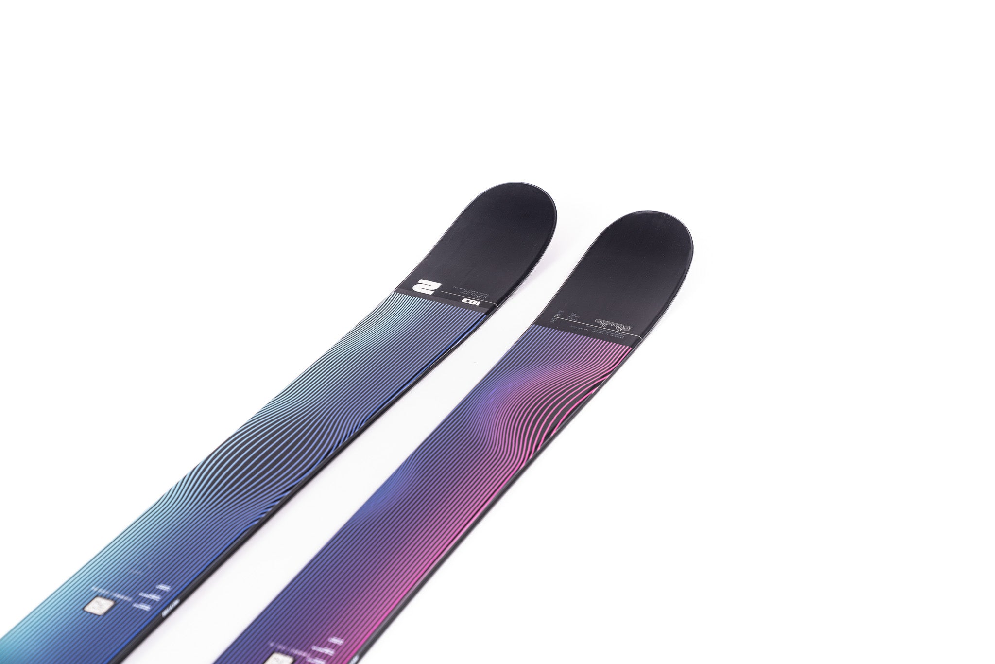 Faction Studio 2 Ski 2025 - A pair of skis with a blue and purple gradient pattern on the top, featuring white lines that curve around the edges.