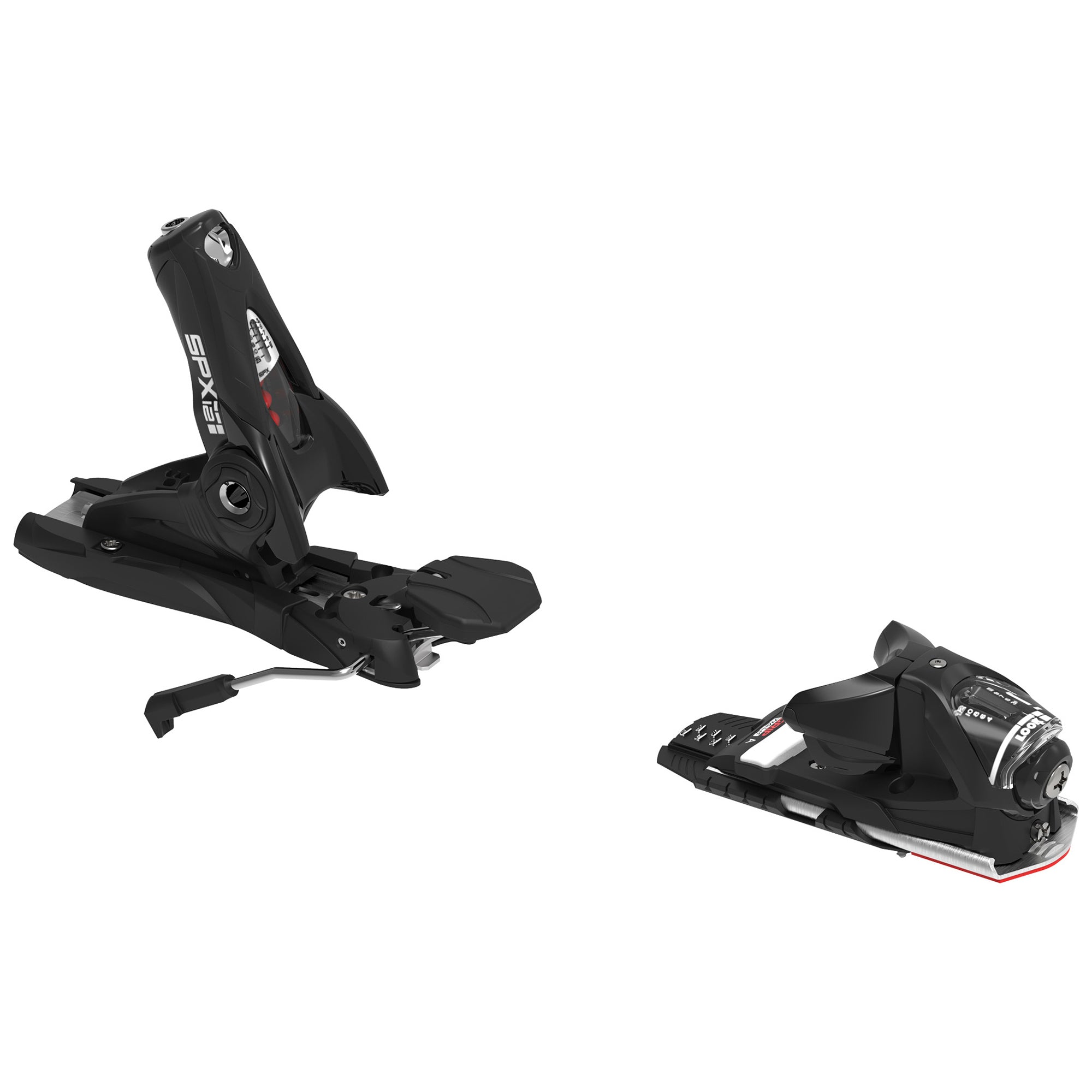 Look SPX 12 Metrix GW Ski Binding - A black ski binding with a silver metal lever and red accents on the base plate.