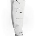 Light gray shell cargo pants with zip fly and flap pockets