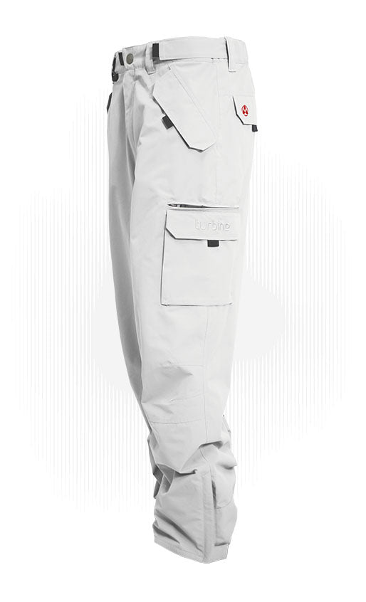 Light gray shell cargo pants with zip fly and flap pockets