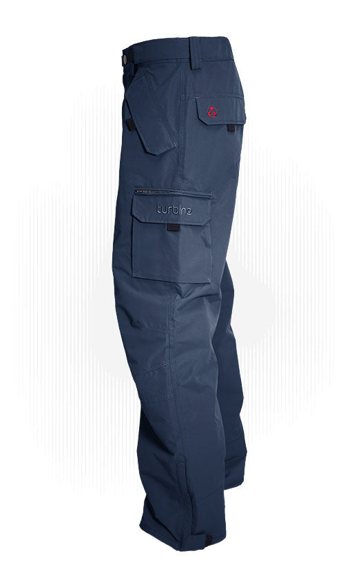 Navy shell cargo pants with zip fly and flap cargo pockets