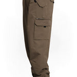 Espresso brown shell cargo pants with zip fly and flap cargo pockets
