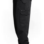 Black shell cargo pants with zip fly and flap cargo pockets