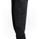 Black shell cargo pants with zip fly and flap cargo pockets