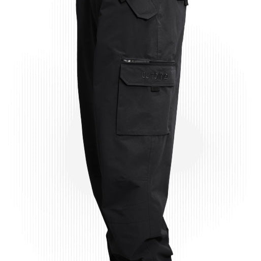 Black shell cargo pants with zip fly and flap cargo pockets