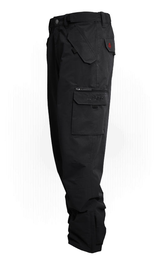 Black shell cargo pants with zip fly and flap cargo pockets