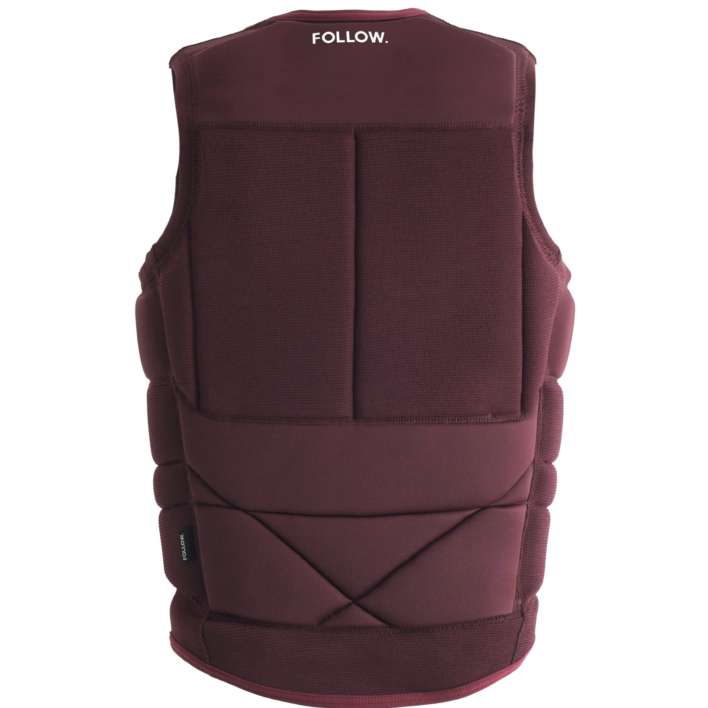 Follow Capiva Impact Vest 2024 - A dark maroon vest with a textured pattern on the front and back, featuring a rectangular logo on the upper left chest area.