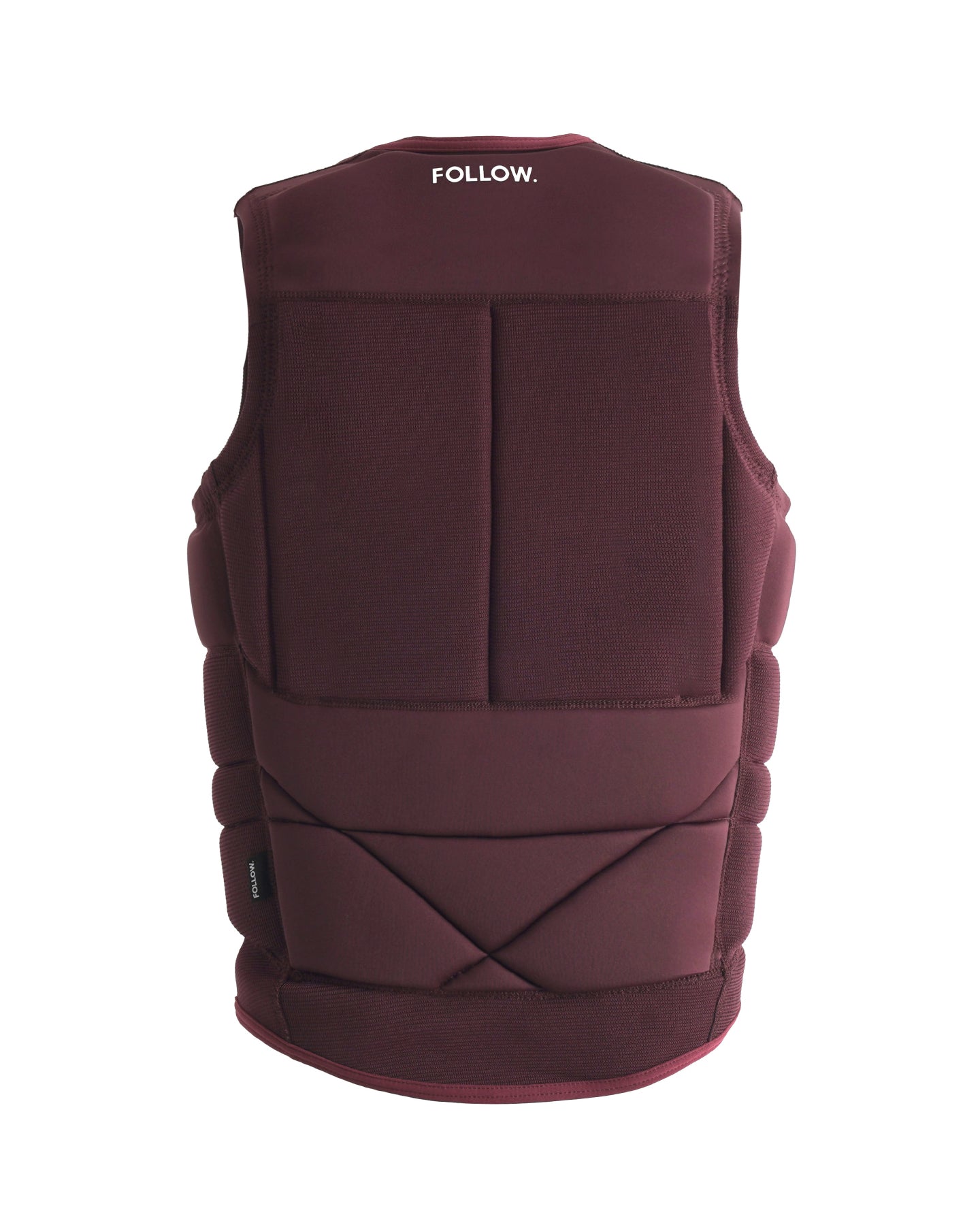 Follow Capiva Impact Vest 2024 - A dark maroon vest with a textured pattern on the front and back, featuring a rectangular logo on the upper left chest area.