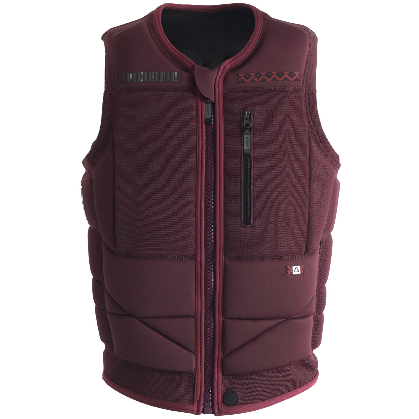 Follow Capiva Impact Vest 2024 - A maroon vest with a black zipper and red accents on the chest.