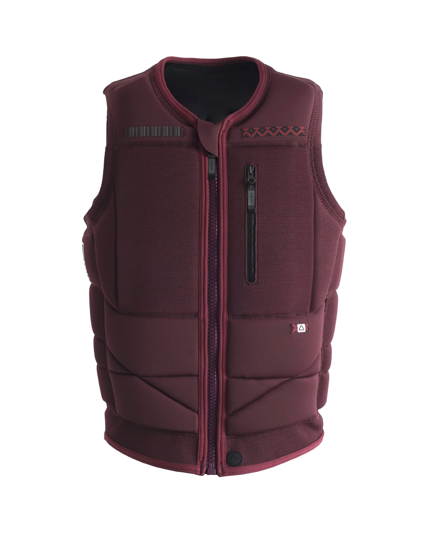 Follow Capiva Impact Vest 2024 - A maroon vest with a black zipper and red accents on the chest.
