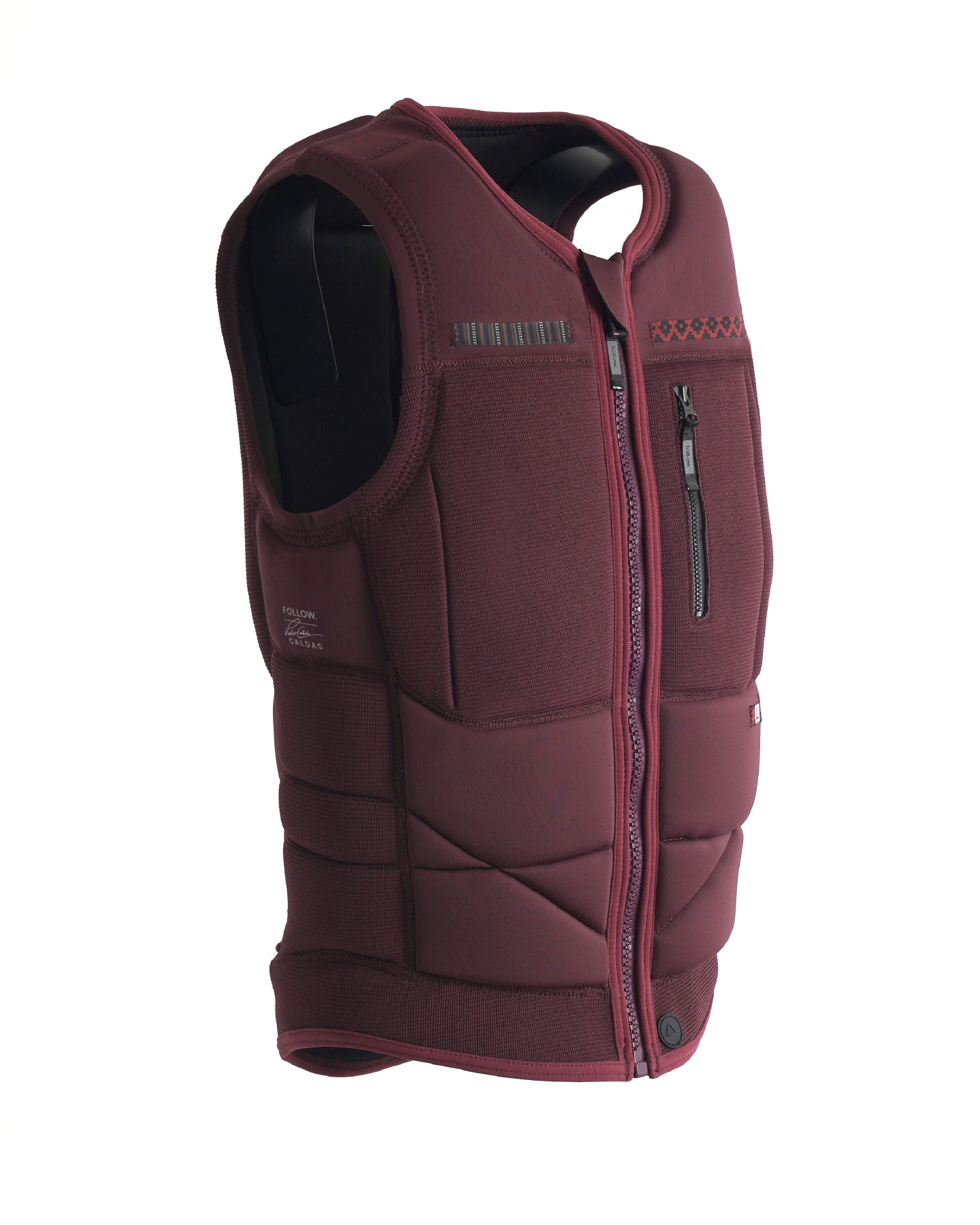 Follow Capiva Impact Vest 2024 - A maroon vest with a zippered front and two chest pockets, featuring a pattern of small white dots on the upper back.