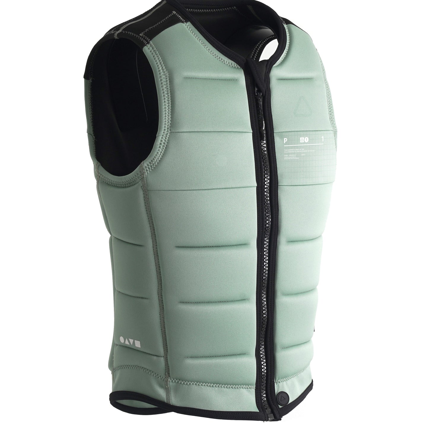 Follow Project One Impact Vest 2024 - A sage green vest with a black zipper and white stitching, viewed from the front at an angle.