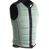 Follow Project One Impact Vest 2024 - A sage green vest with a black zipper and white stitching, viewed from the front at an angle.