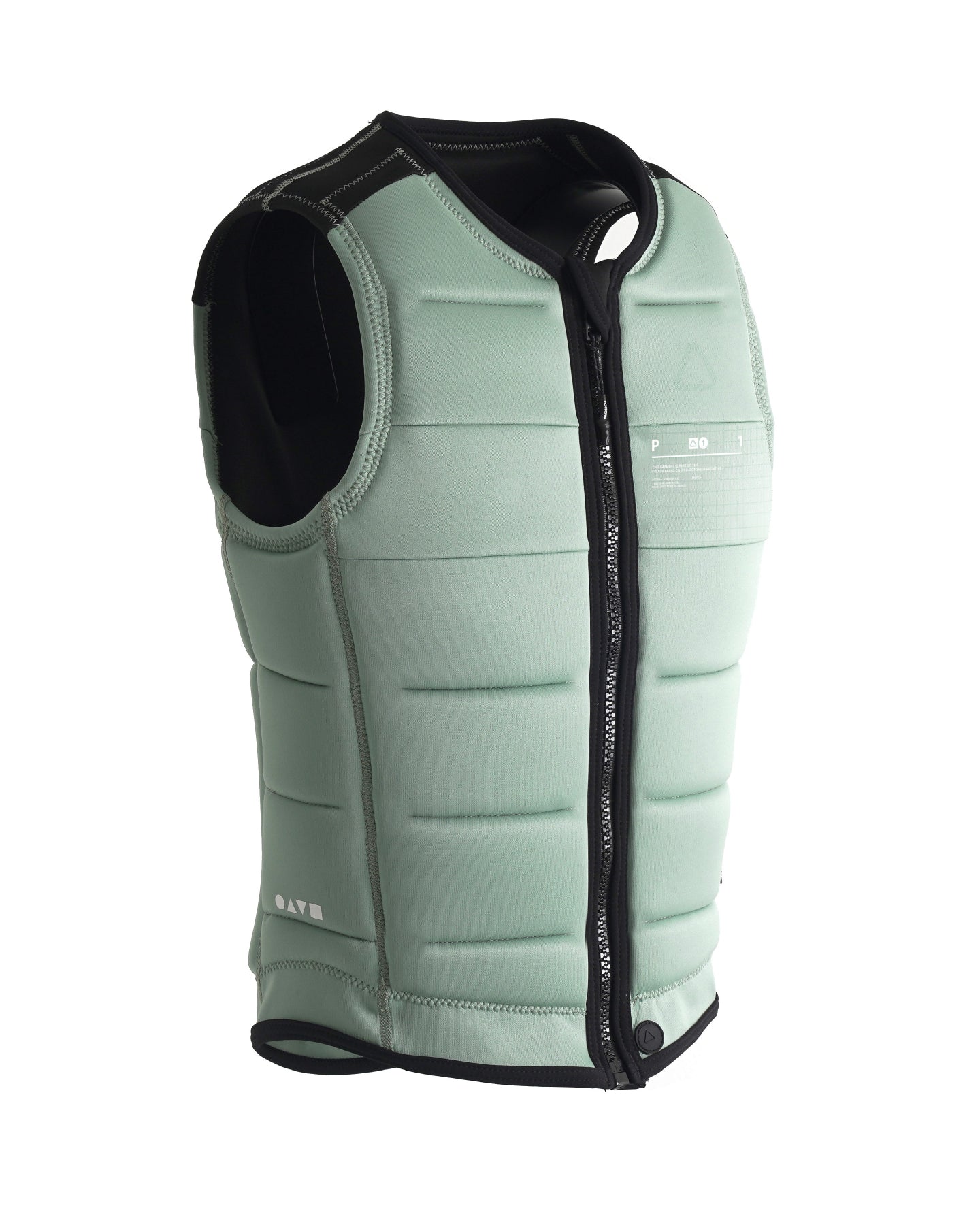 Follow Project One Impact Vest 2024 - A sage green vest with a black zipper and white stitching, viewed from the front at an angle.