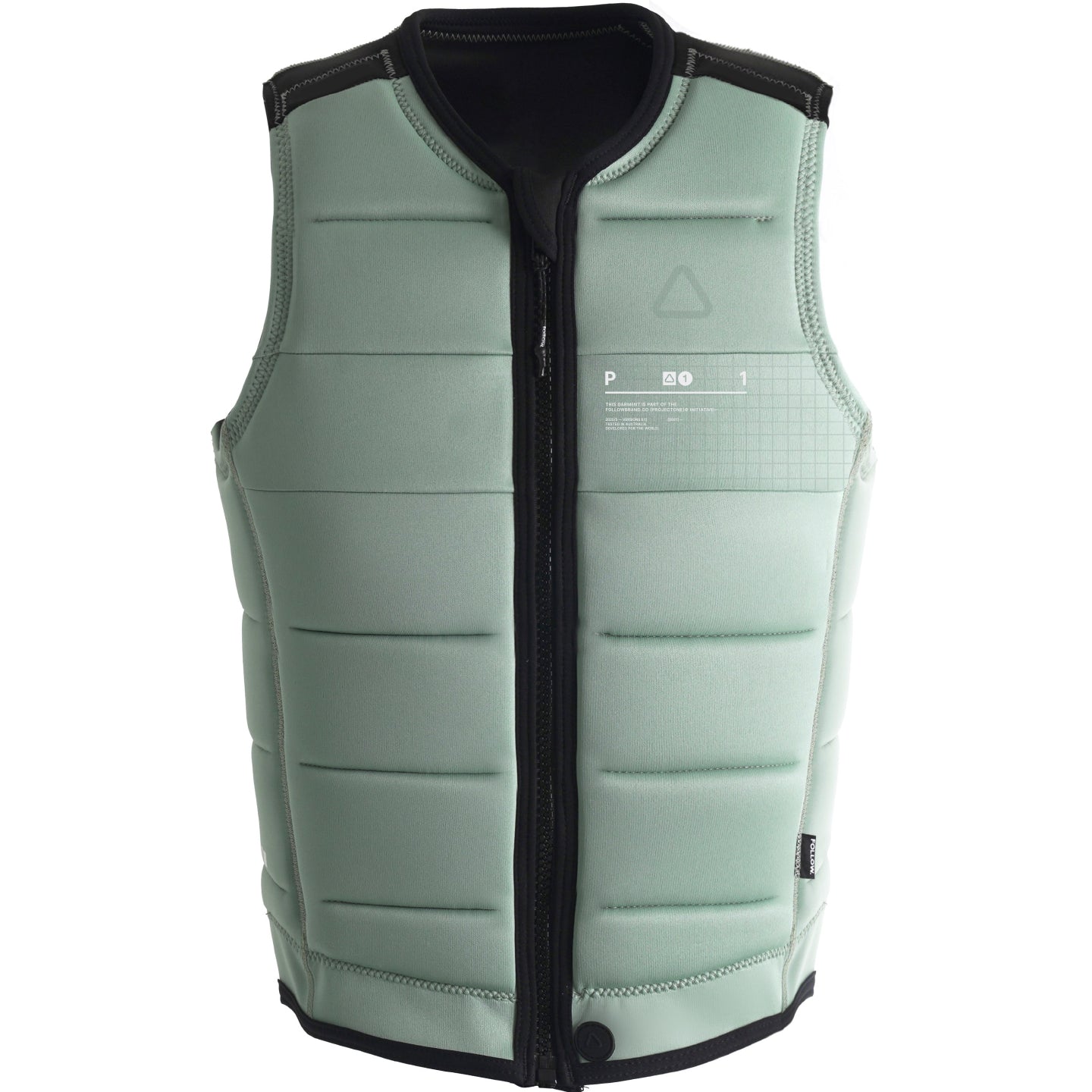 Follow Project One Impact Vest 2024 - A sage green vest with a black zipper and trim, featuring a grid pattern on the chest area.