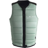 Follow Project One Impact Vest 2024 - A sage green vest with a black zipper and trim, featuring a grid pattern on the chest area.
