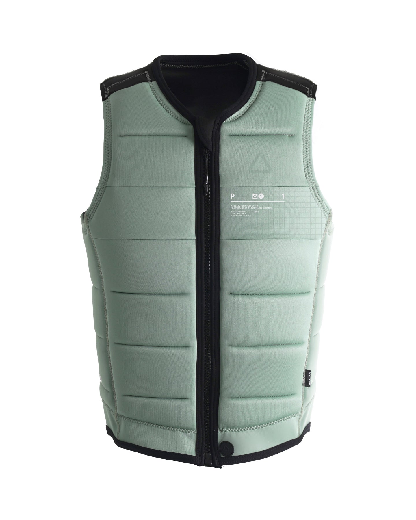 Follow Project One Impact Vest 2024 - A sage green vest with a black zipper and trim, featuring a grid pattern on the chest area.